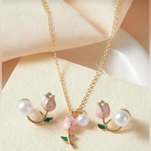 Gold & Pink Floral Jewelry Set
